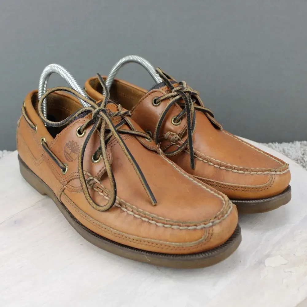 Timberland Tan Leather Boat Shoes Mens 8 Moc Toe Deck Casual - Picture 2 of 9